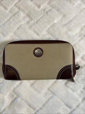Le Tanneur Canvas Zip-Around Wallet with Brown Leather Trim 8x4.5x1 inches